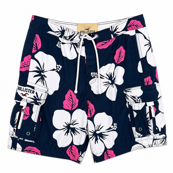Hollister Other - 2000s Y2K Hollister Board Shorts Mens L Navy Hibiscus Floral Cargo Swim Trunks